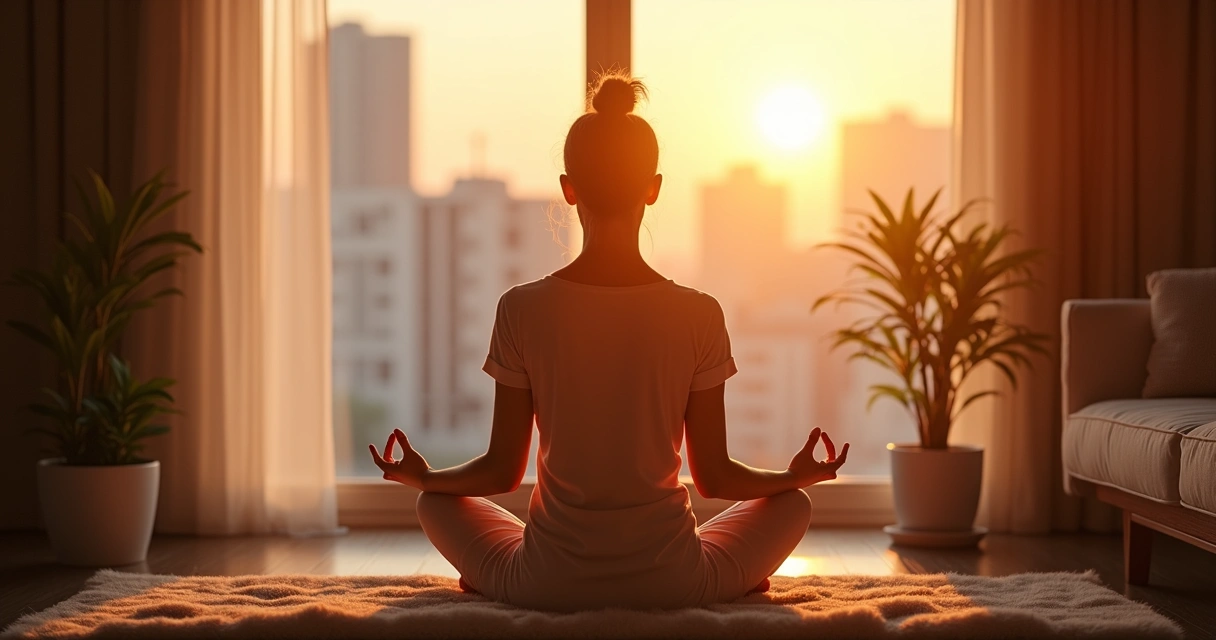 Persona sentada junto a una ventana meditando al atardecer
