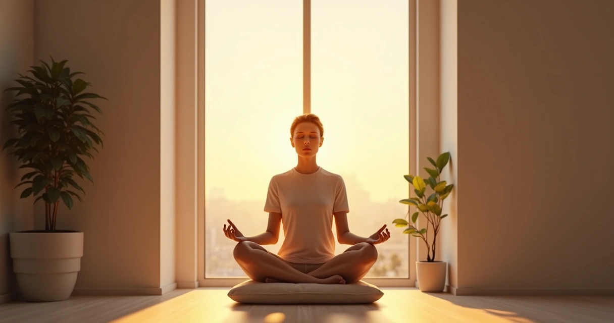 Persona sentada meditando frente a una ventana al amanecer 
