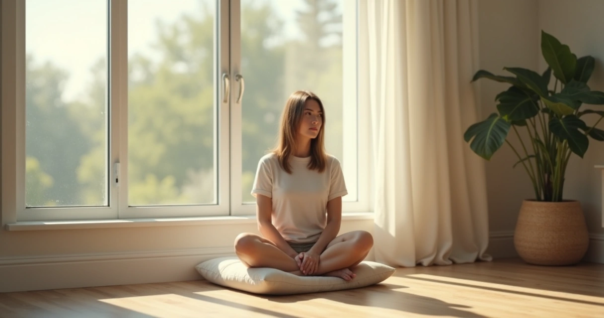 Persona sentada en meditación junto a una ventana iluminada 