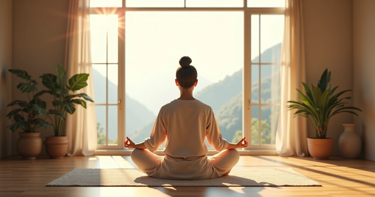 Persona sentada junto a una ventana practicando meditación consciente. 