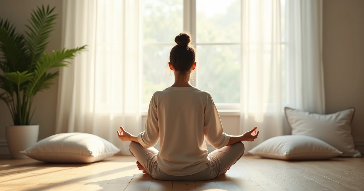 Persona sentada en el suelo meditando frente a una ventana 