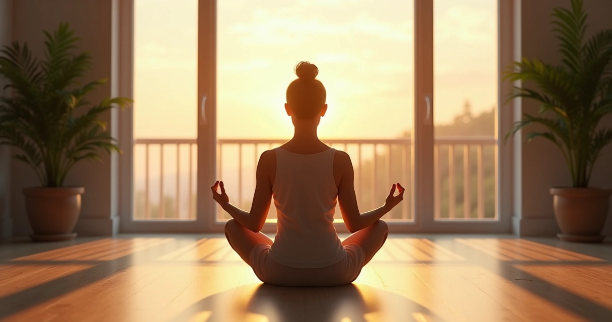 Persona meditando frente a una ventana con luz de amanecer 