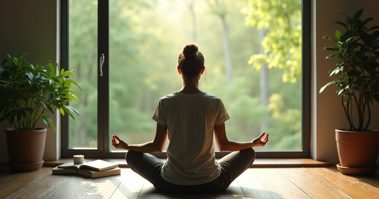 Persona sentada en meditación frente a gran ventana con naturaleza al fondo 