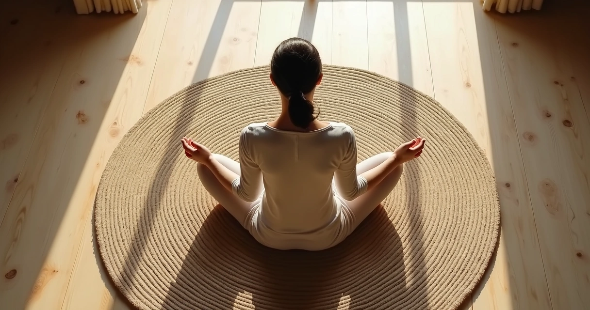 Persona meditando vista superior, espacio sereno y luz natural 