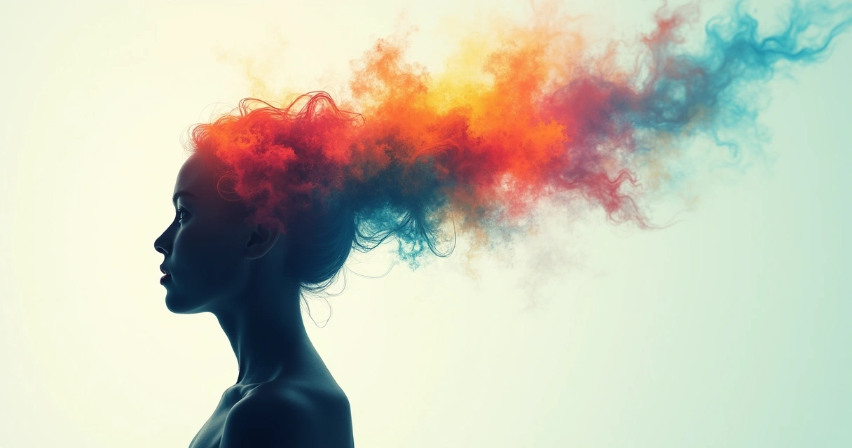 Persona de perfil con silueta sobre fondo claro, cabeza semicircular proyectando colores y formas abstractas, simbolizando la percepción y los juicios internos. 