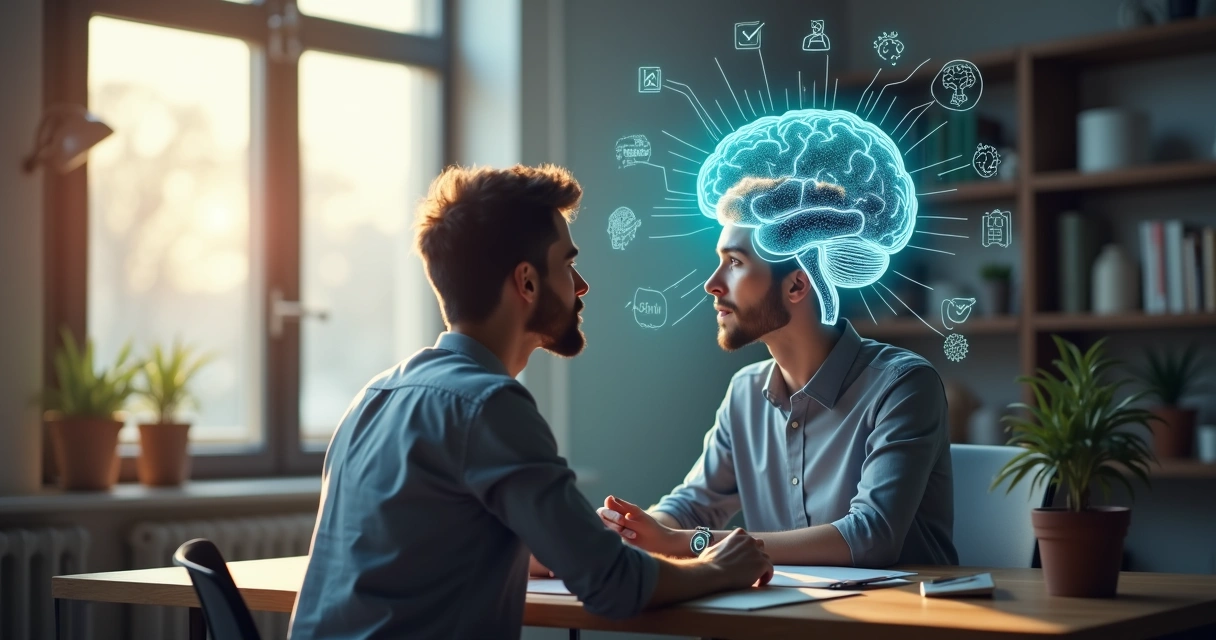 Persona reflexionando frente a un espejo con doble exposición del cerebro 