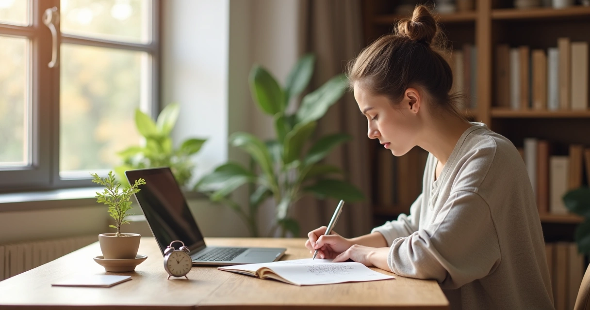 Persona sentada escribiendo en un cuaderno de autoobservación junto a una ventana luminosa 