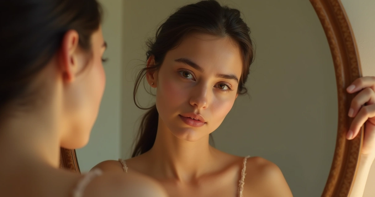 Mujer joven mirándose a los ojos frente a un espejo 