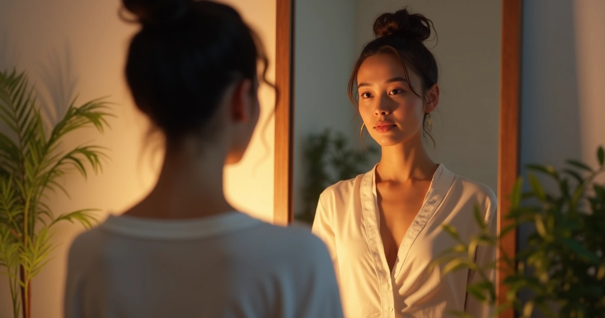 Persona mirándose al espejo con expresión tranquila