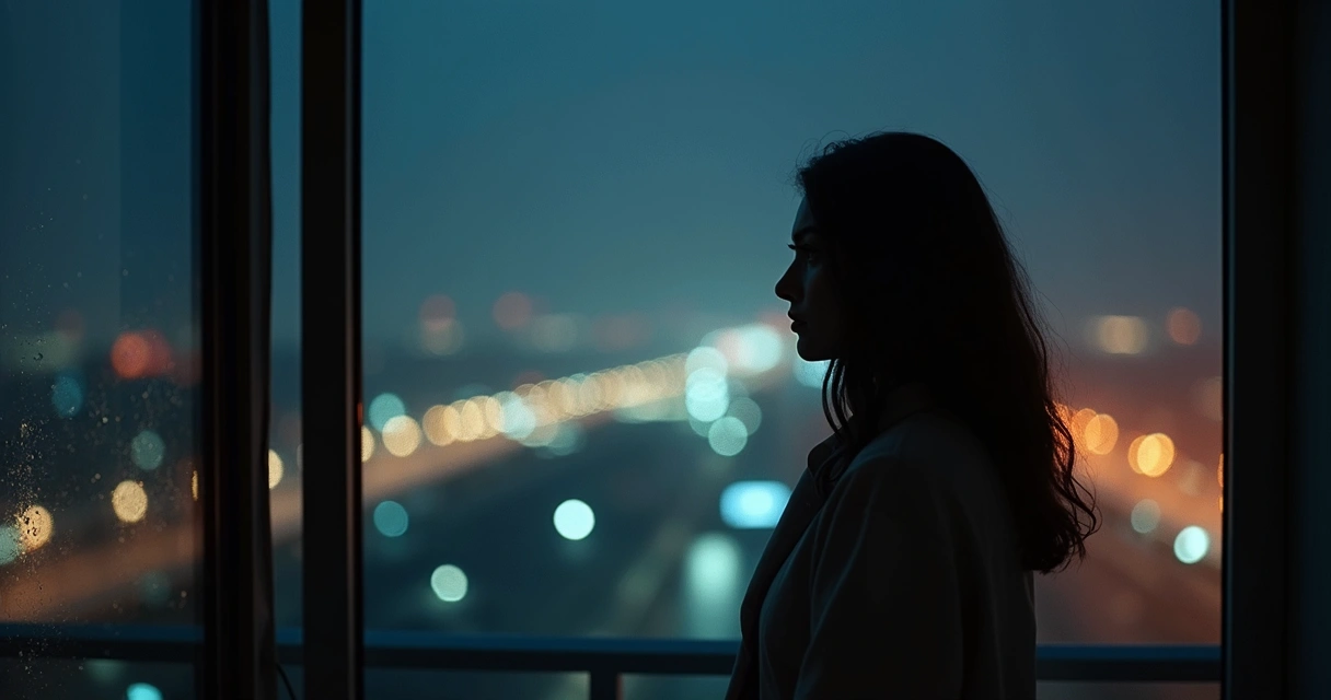Persona observando su reflejo en la ventana al anochecer
