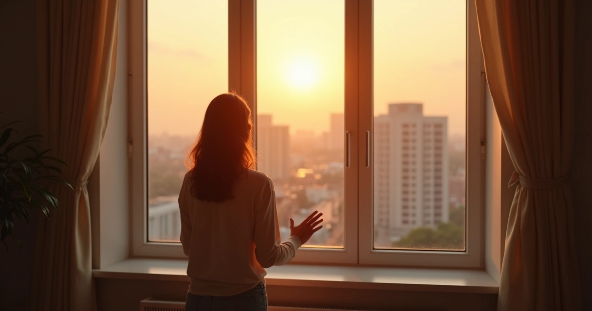 Persona observando la ciudad desde una ventana al amanecer 