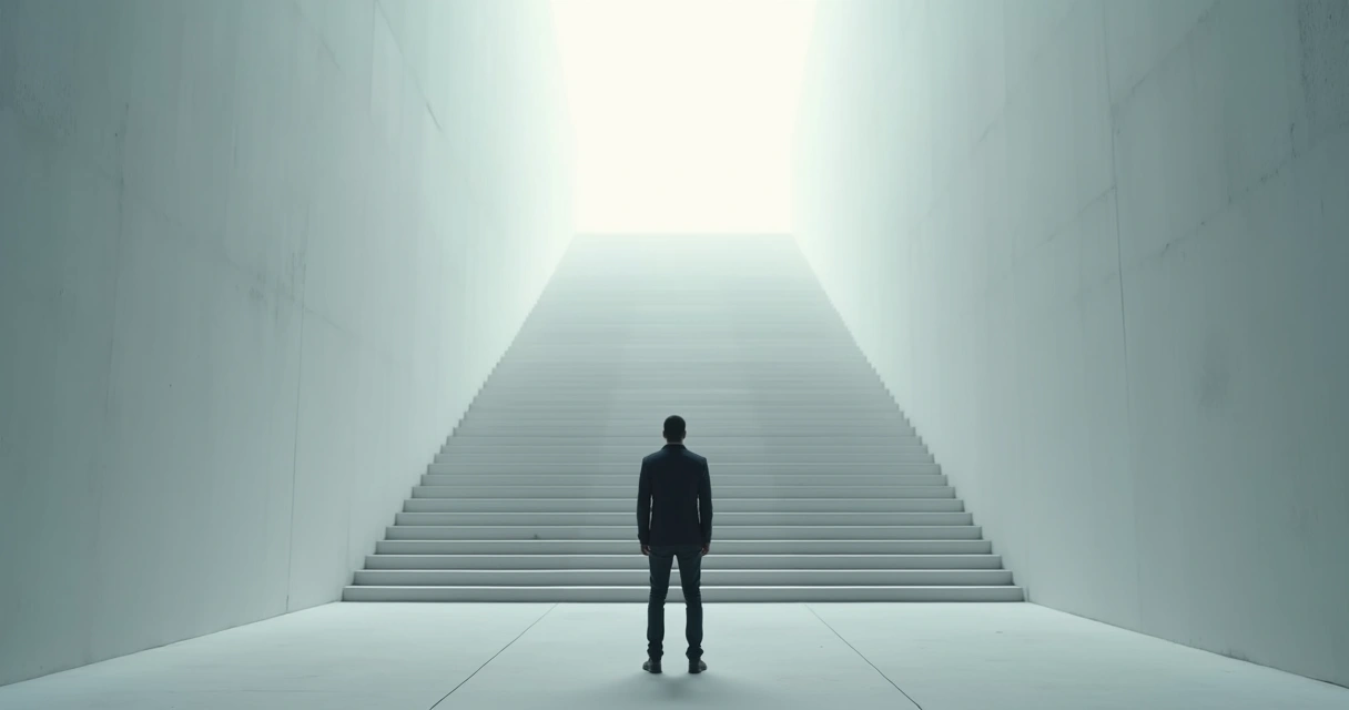 Persona observando una larga escalera, representando un objetivo a largo plazo 