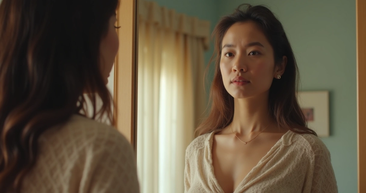 Persona de pie frente a un espejo, observándose a sí misma en actitud reflexiva 