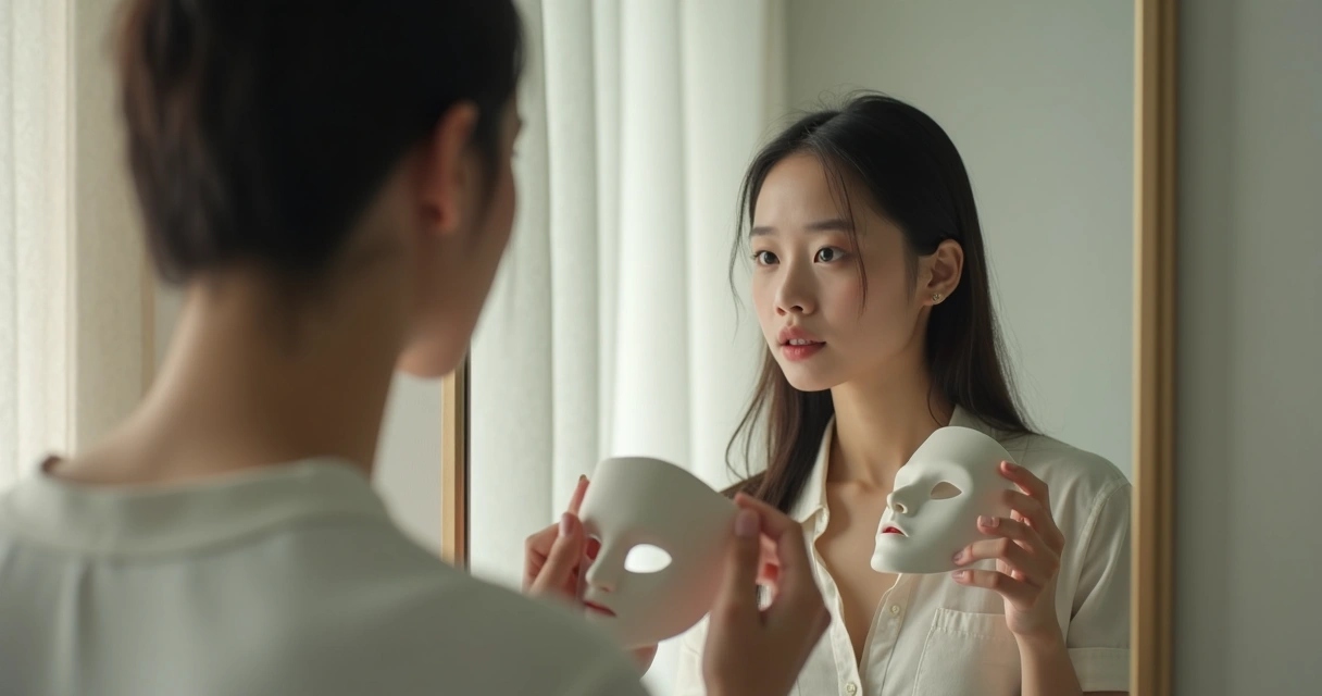 Persona sin máscara mirándose al espejo reflexionando sobre su identidad. 