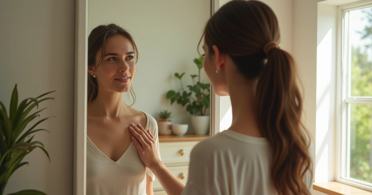 Mujer observando su reflejo en el espejo, con expresión serena