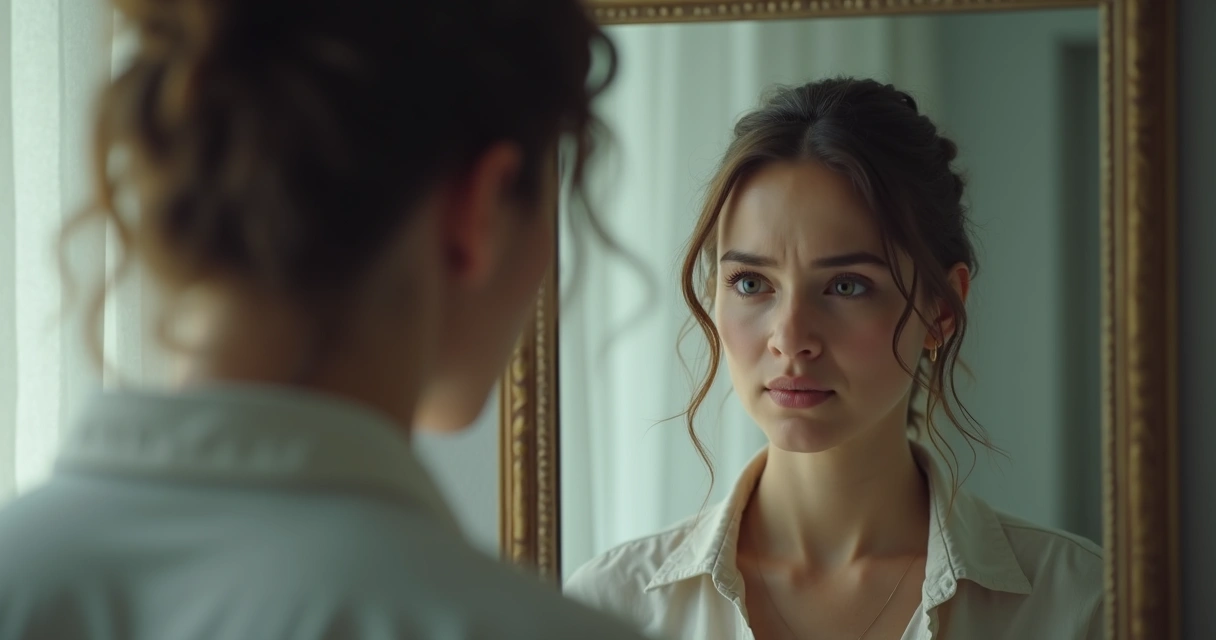 Persona mirando su reflejo en el espejo de forma autocrítica. 