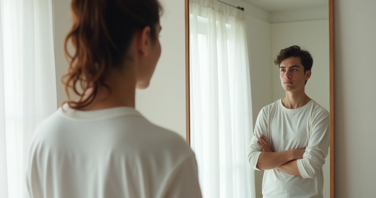 Persona adulta de pie frente a un espejo grande, observando su reflejo con actitud reflexiva, entorno minimalista, luz natural.