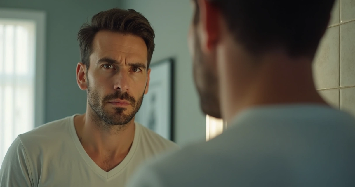 Persona mirando al espejo con expresión reflexiva sobre decisión ética