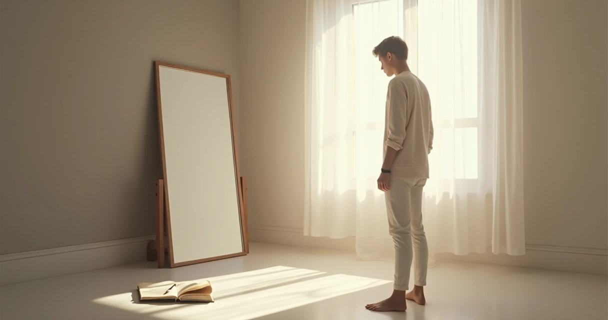 Persona observándose a sí misma frente a un espejo de cuerpo entero en una habitación tranquila