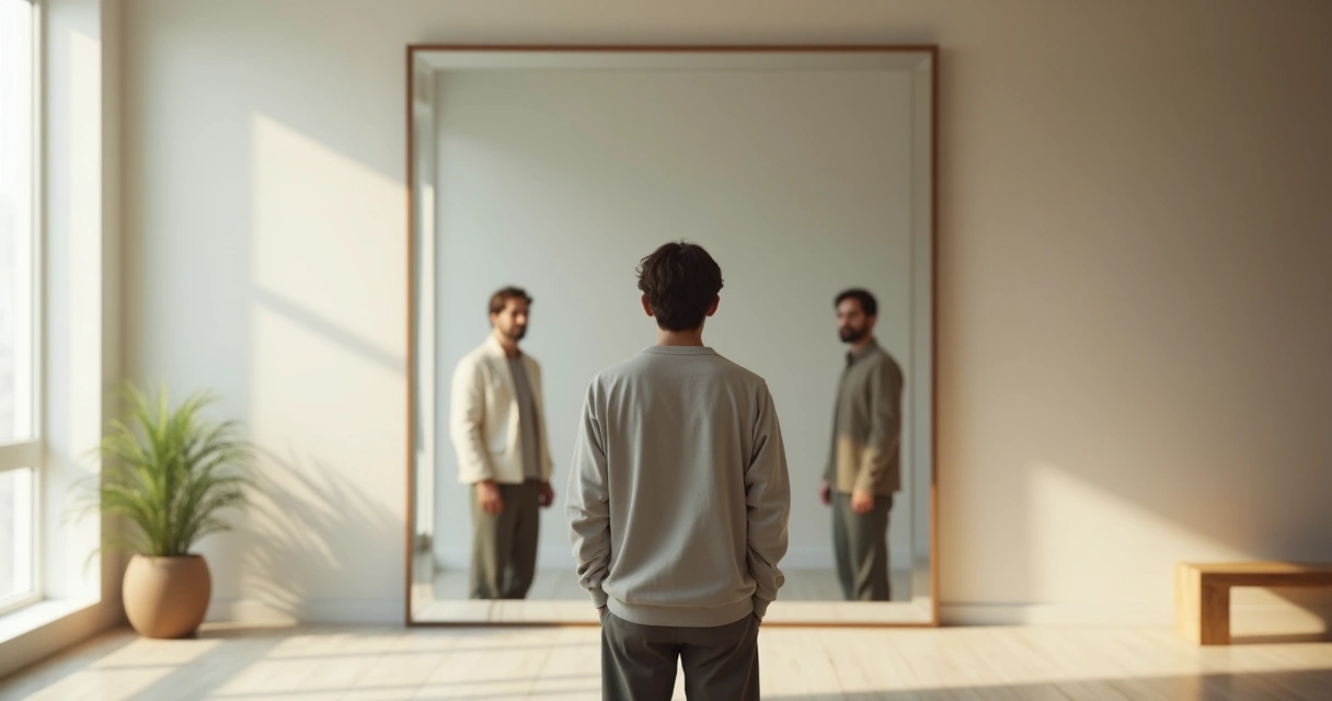 Persona contemplando su reflejo múltiple frente a un espejo abstracto 