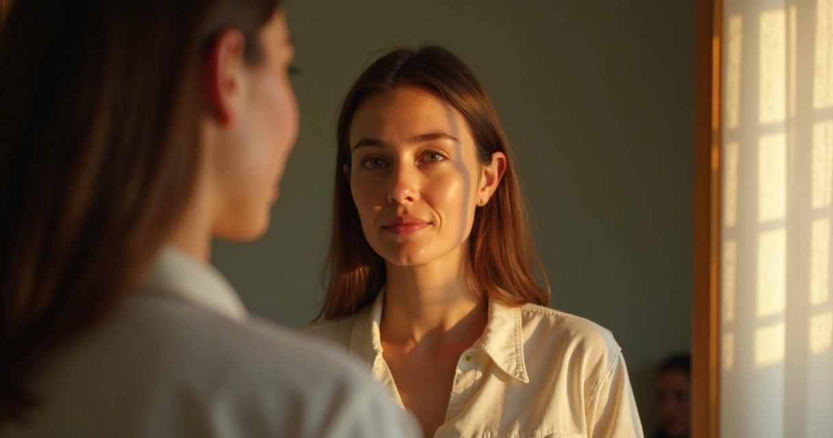 Persona adulta mirando su reflejo en un espejo con luz suave 