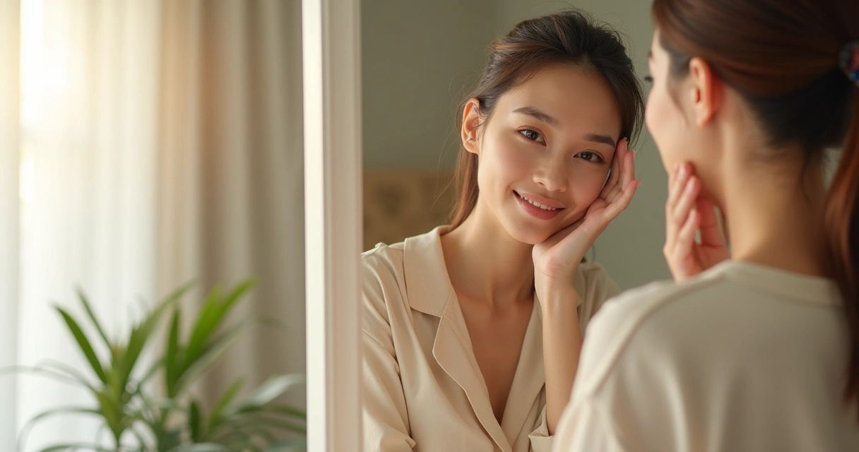 Persona mirándose al espejo con expresión reflexiva y positiva 