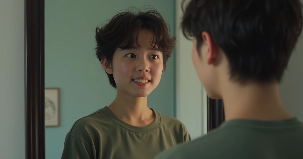 Persona frente a un espejo viendo un reflejo distinto de sí misma. 