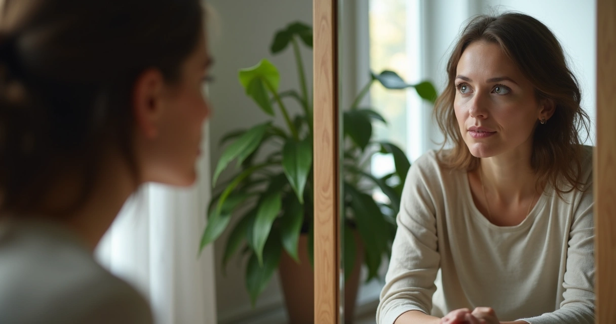 Mujer observa su reflejo en el espejo en ambiente tranquilo 