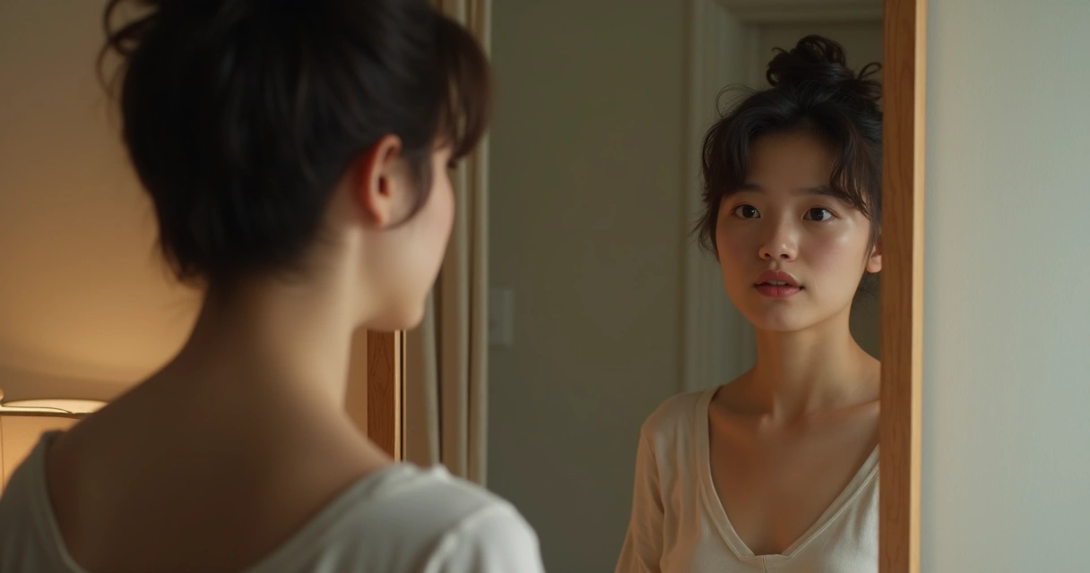 Persona observando su reflejo en un espejo, el reflejo muestra una expresión honesta y natural 