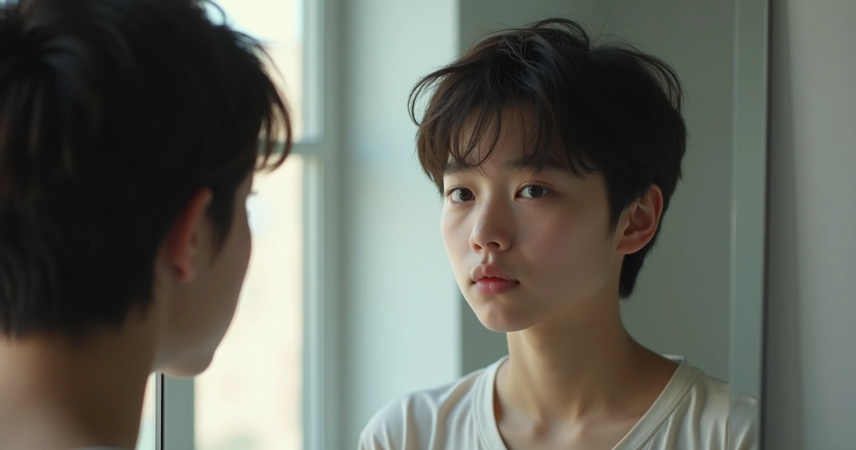 Joven mirando su reflejo serio en el espejo, ambiente suave 