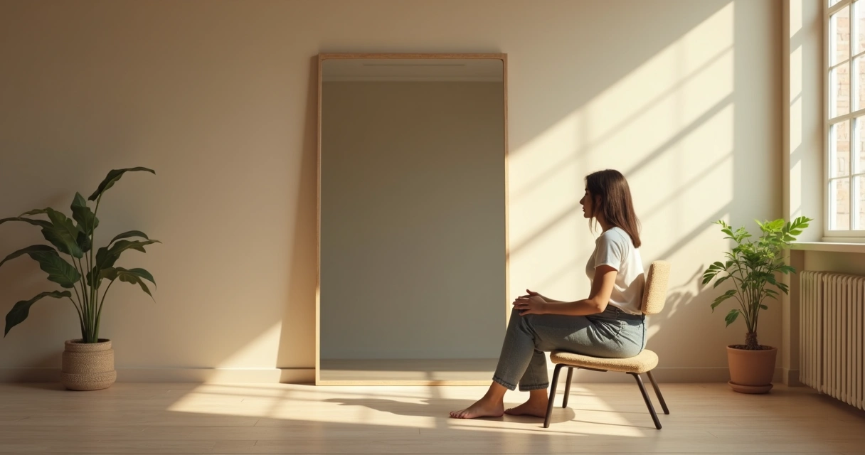Persona reflexionando frente a un espejo en un espacio tranquilo 