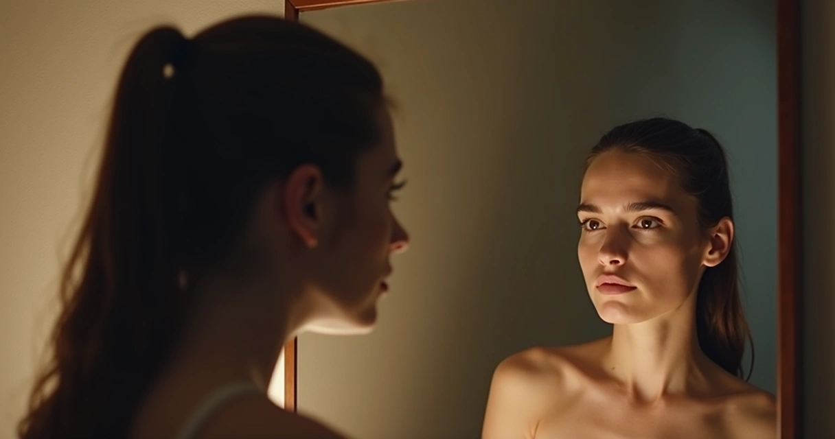 Persona mirando su reflejo en un espejo, en actitud reflexiva 