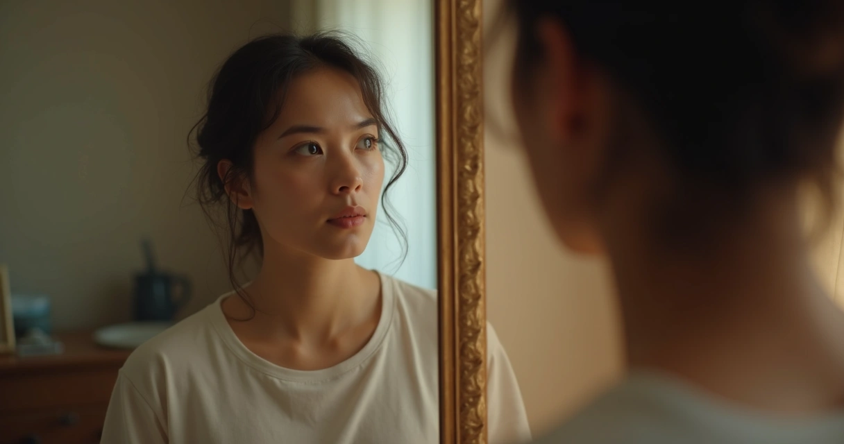 Persona ante un espejo en actitud de reflexión 