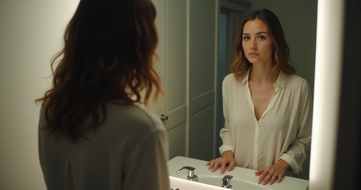 Persona de pie frente a un espejo, observándose con expresión pensativa.