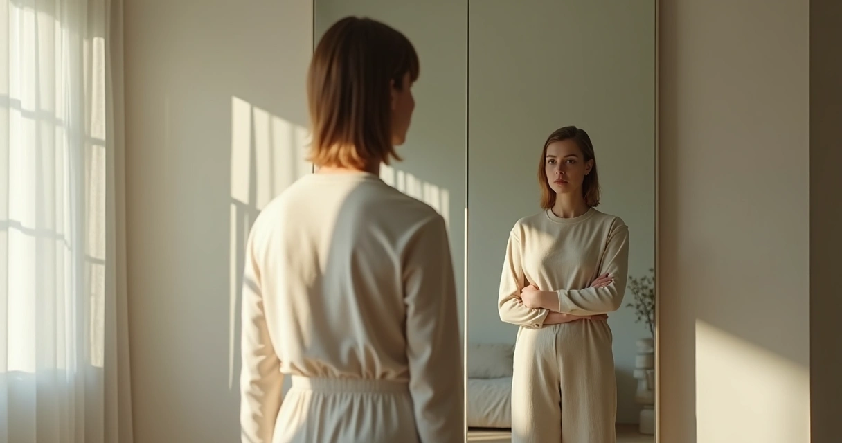 Persona frente a un espejo con siluetas sombreadas a su alrededor 