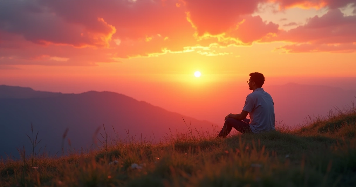 Persona sentada contemplando el horizonte al atardecer 