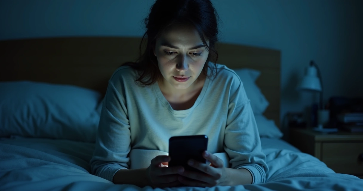 Persona mirando el móvil en una habitación oscura con notificaciones en pantalla