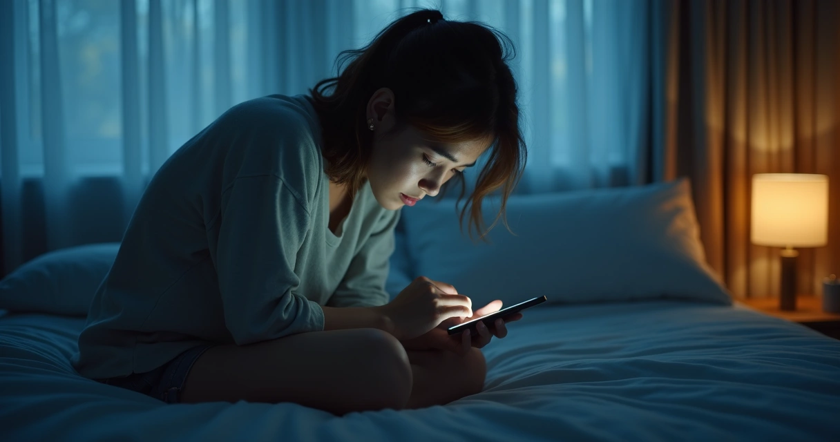 Persona sentada mirando el móvil en una habitación con luz tenue 