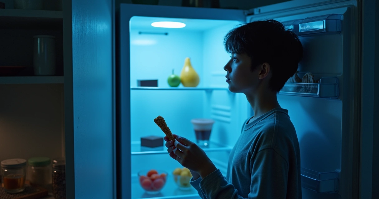 Persona abre la nevera de noche, pensativa