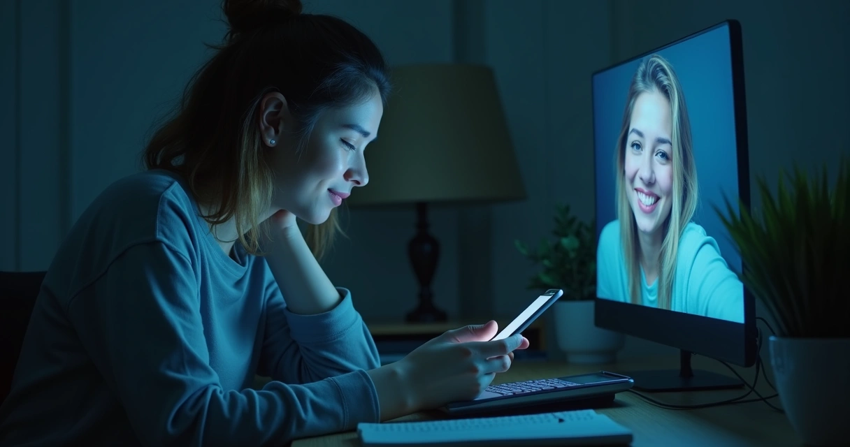 Persona frente al móvil con reflejo de dos perfiles digitales 