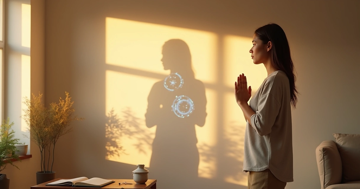 Persona observa su propia sombra reflejada con claridad en una pared iluminada 