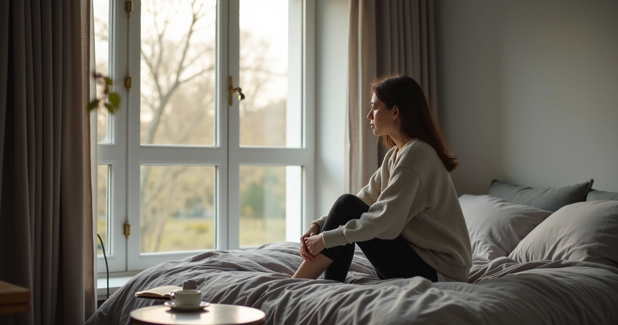 Persona sentada junto a una ventana en una habitación sobria 