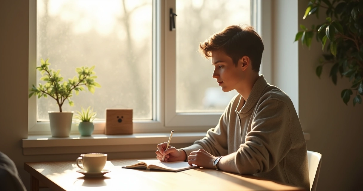 Persona tomando notas junto a una ventana 