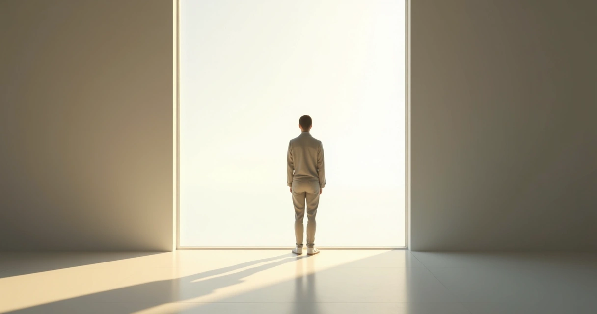 Persona sola de espaldas mirando por una ventana, luz suave 