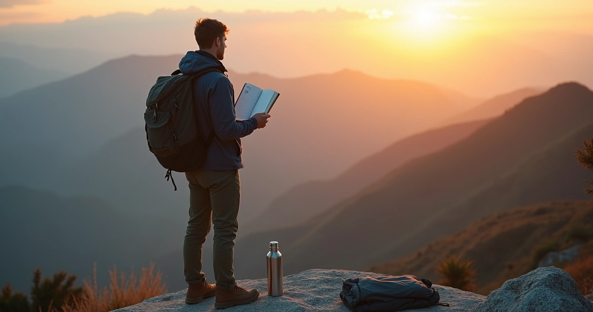 Persona en la cima de una montaña al amanecer con cuaderno de objetivos 