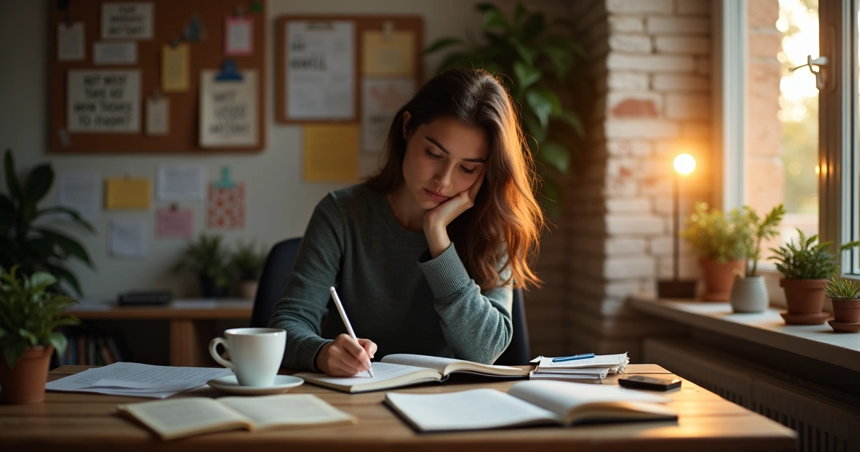 Persona planificando una meta a largo plazo con cuaderno y taza de café 