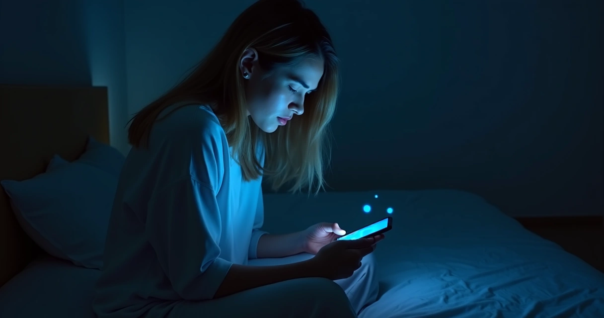 Persona mirando un móvil en una habitación oscura con luz azul 