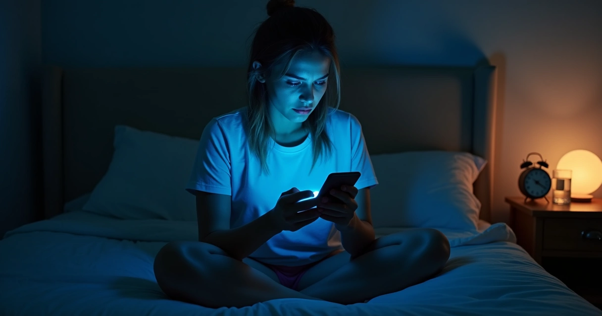 Persona mirando el móvil de noche con luz azul en el rostro