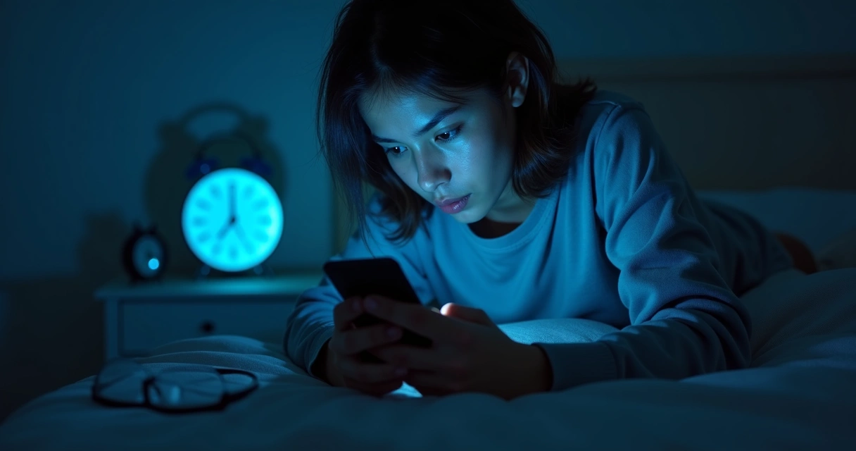 Persona mirando el móvil con luz azul en una habitación oscura