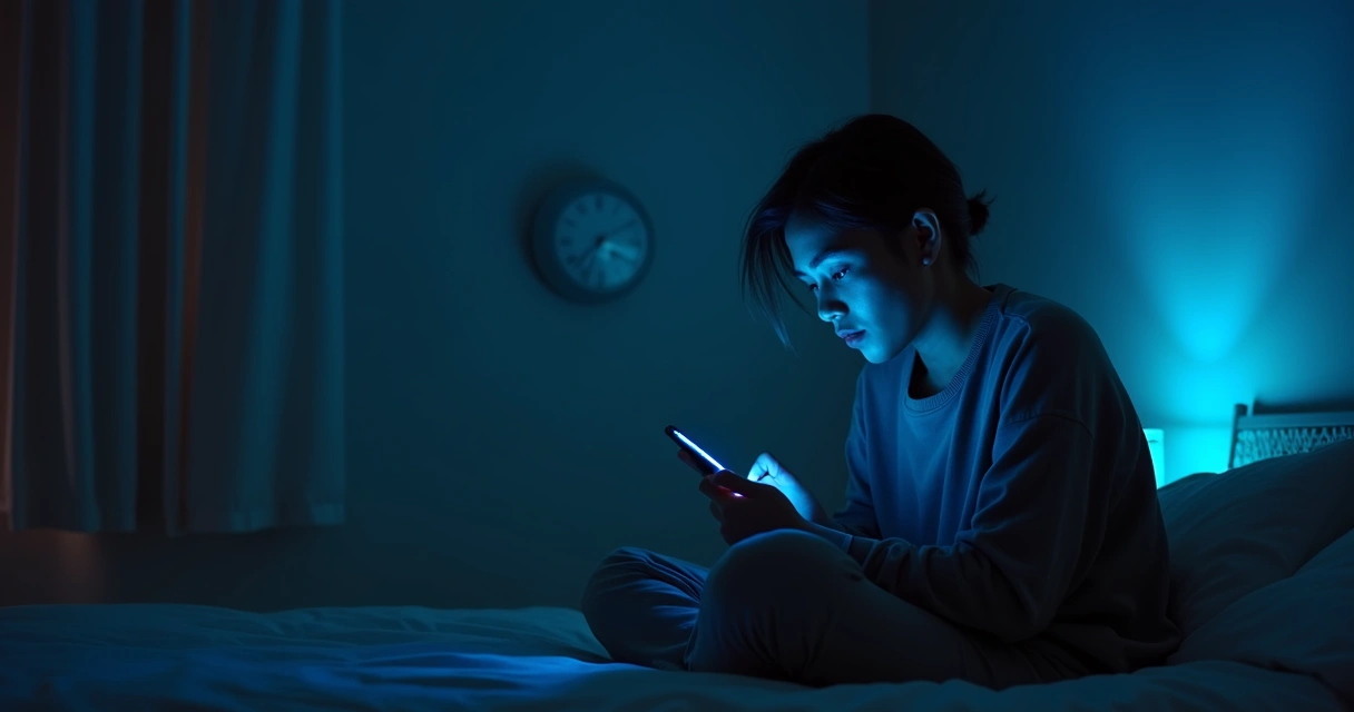 Persona mirando el móvil de noche en una habitación oscura